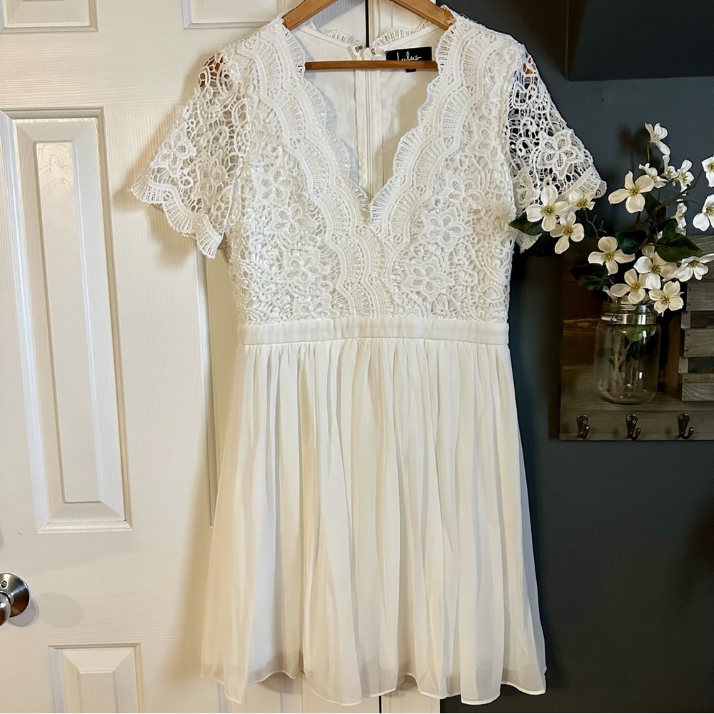 Lulus Angel in Disguise White Lace Skater Short Sleeve Dress